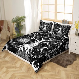 Erosebridal Tree of Life Duvet Cover Hippie Gothic Moth Bedding Sets Queen, Sun and Moon Comforter Cover Psychedelic Galaxy Trippy Stars Quilt Cover, Black and White Bedroom Decor 3Pcs Cozy Soft