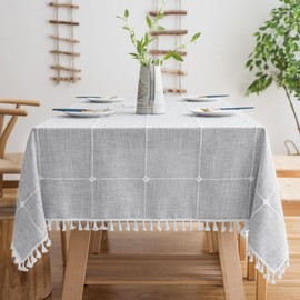 Oubonun Cotton Linen Rectangular Table Cloth, Wrinkle Resistant, Waterproof Tablecloth, Washable Farmhouse Table Cover with Tassels for Kitchen Dining Party, 55''x120'', 10-12 Seats, Grey