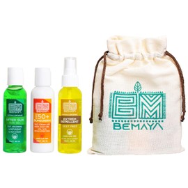 Kit de Viaje para Playa 3x60ml | Bloqueador Solar Mineral FPS 50+ + Repelente Natural sin DEET + After Sun Aloe Vera | Biodegradable | Bolsa Artesanal | BEMAYA