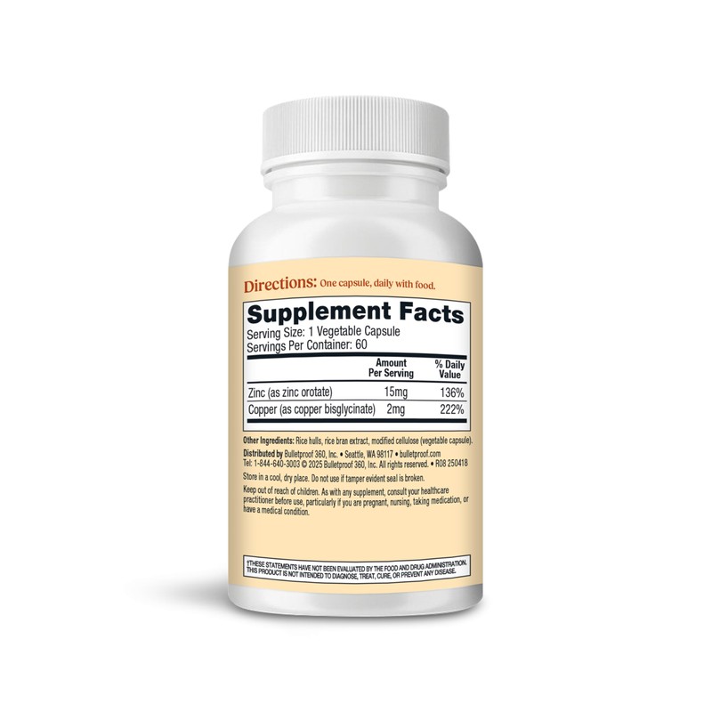 Bulletproof Zinc with Copper Capsules, 60 Count, Minerals and Antioxidant