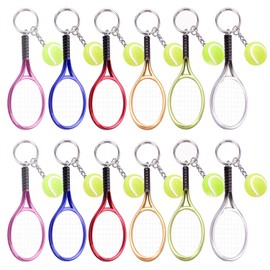 Ancefine 12 Pieces Tennis Racket Keychains Tennis Key Ring Keychain Alloy Tennis Ball Split Ring Tennis Trinkets for Tennis Sport Lover Team,6 Color