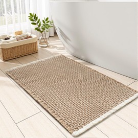 Checkered Bath Mat Non Slip Super Absorbent Quick Dry Bath Mats for Bathroom Floor Woven Bathroom Mat with Tassels Machine Washable Bathroom Rug Beside Tub, 18" x 30", Brown & Cream