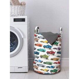 Ambesonne Race Car Laundry Bag, Diagonally Arranged Colorful Various Vehicles Speeding Uphill on a Plain Backdrop, Hamper Basket with Handles Drawstring Closure for Laundromats, 13" x 19", Green Red