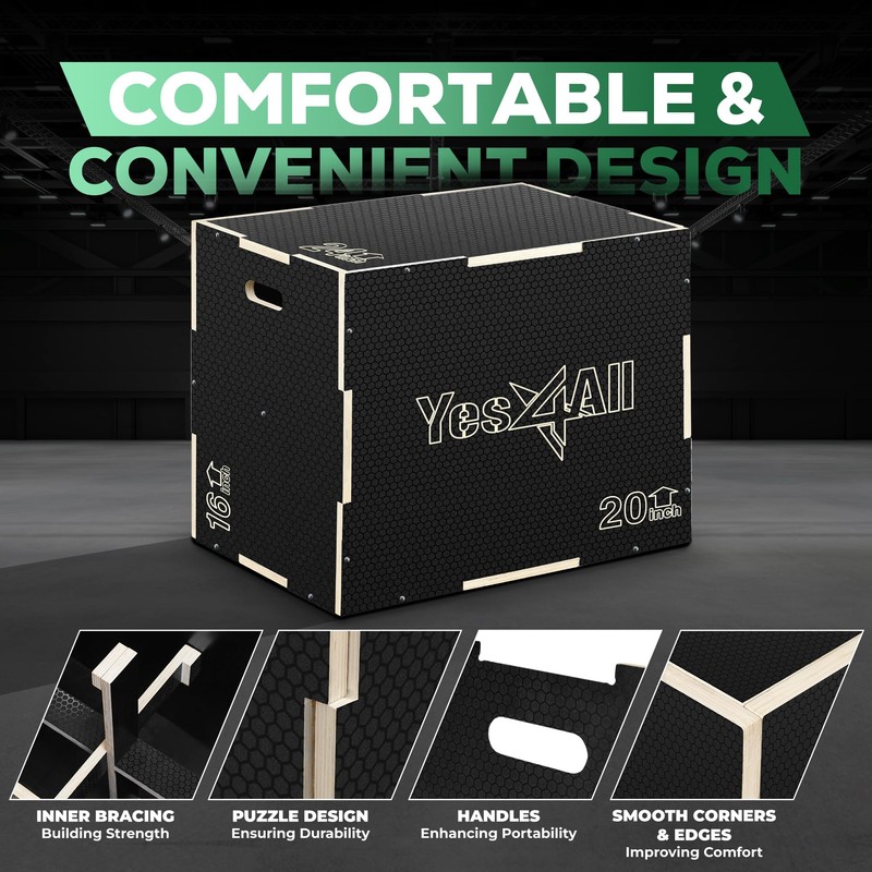 Yes4All 3 in 1 Non-Slip Wooden Plyo Box, Plyometric Box