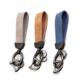 3PCS Leather Car Keychain Accessories Key Ring 360 Degree Rotatable Snap Swivel and Anti-Lost D-Ring Metal Key Chains for Men and Women(Black,Grey, Brown)