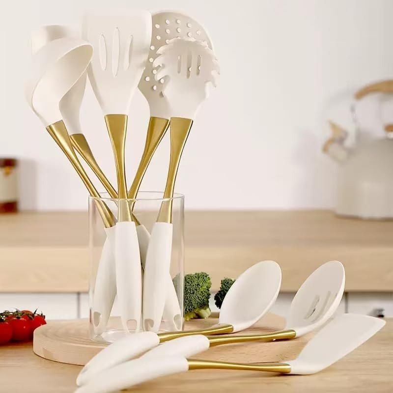 8-Piece White Kitchen Utensil Set with Gold Handles, Stainless Steel