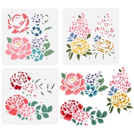 FINGERINSPIRE 3 Pcs Layered Flower Painting Stencil 5.9x5.9inch Reusable Rose Flower Pattern Drawing Template DIY Peony Floral Plants Decoration Stencil for Painting on Wood Wall Fabric Furniture