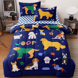 Leaflin Cartoon Dog Bedding Set Twin Size 5Pcs All Kinds of Dogs Animal Themed Comforter Colourful Puppy Quilt for Kids Teens Girls Boys Bed Decor Bed in a Bag