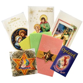 GRANDA TRADITIONAL POLISH CHRISTMAS WAFERS OPLATKI Set of 16 with HAY SIANKO (12 large white, 1 large pink, 1 large yellow, 1 large green, 1 small white with HAY) PINK, YELLOW, GREEN WAFER