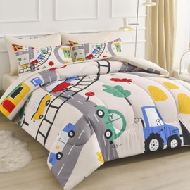 Decoreagy Kids Twin Comforter Set 4 Pcs Bed in a Bag,Soft Beige Bedding Set for Girls Boys,Lightweight Construction Excavator Car Pattern Comforter with Sheet Sets,All Season Bed Set(Beige,68"x80")