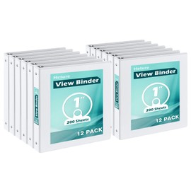 Heture 3 Ring Binder 1 Inch 12 Pack,1" Clear View Binder with Round Rings, PVC-Free,Holds for 200 Sheets 8.5X 11 US Letter Size Paper, Durable White Binder Perfect for Office,School and Home
