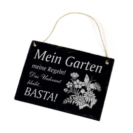 Garden Sign with Saying "Mein Garten meine Regeln, das Unkraut bleibt !" Gift Gardener Slate Decorative Sign 22 x 16 cm