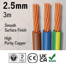 Primes DIY Single Core Conduit Cable 2.5mm Copper Wire Insulated PVC, Stranded Flexible Coil 6491X Electrical Wire, BASEC Approved – Blue & Brown & Yellow/Green(3 Meter), Home Improvement