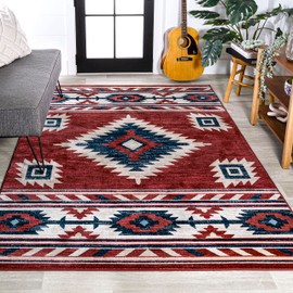 JONATHAN Y SWC100A-4 Serape Medallion Southwestern Indoor Area Rug, Southwestern, Geometric, Country, Bedroom, Kitchen, Living Room, Easy-Cleaning, Non-Shedding, 4 X 6, Red/Navy/Cream