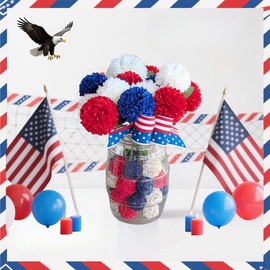 YGbridge Patriotic Flowers Silk Faux Ball Chrysanthemum, 12PCS Artificial Silk Flowers Red White and Blue Flowers for 4th of July Decor, Table Centerpiece (12, Red, White, Blue)