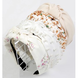 Knotted Headbands for Women Non Slip Fashion Women Headbands for Hair Cute Hairband for Women's Hair Wide Top Knot Hair Hoops for Girls Boho Floral White Pearl Head Band Trendy