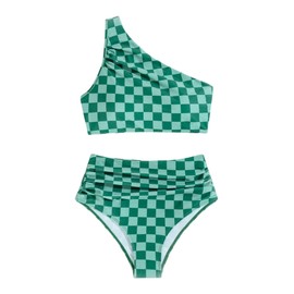 SOLY HUX Women's Plaid Bathing Suit Checkered Print One Shoulder Ruched High Waisted Bikini Set Two Piece Swimsuit Green Plaid Large