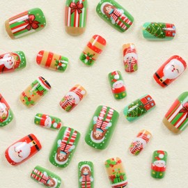 Christmas Press on Nails Square Medium Glue on Nails Glossy Fake Nails Red Green Cute Acrylic False Nails with Santa Claus Christmas Tree Designs Winter Xmas Stick on Nails for Women and Girls 24PCS