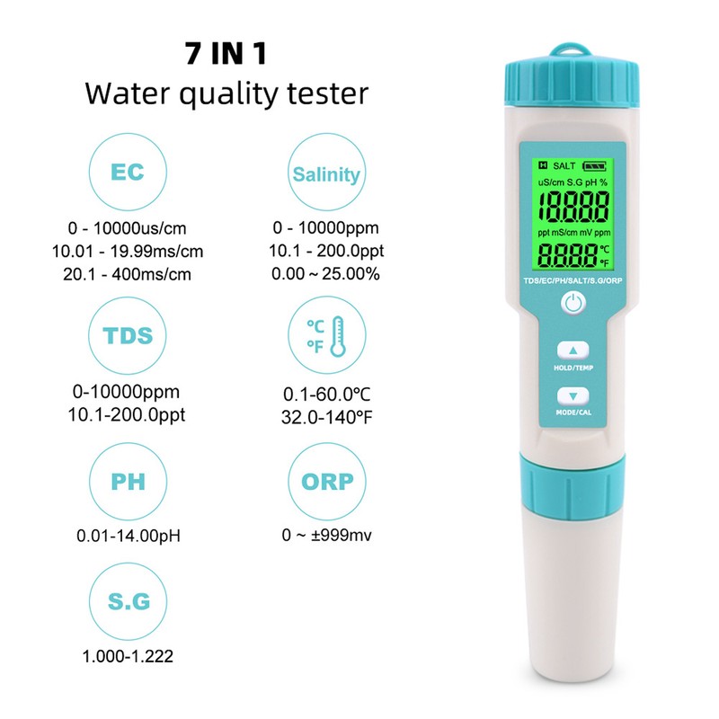 7 in 1 PH/TDS/EC/ORP/S.G/Salinity/Temperature Multi-Parameter Pocket Water Quality Tester with