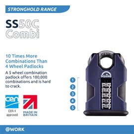 Henry Squire Stronghold 5 Wheel Closed Shackle Combi Hardened Steel Padlock with Weather Cover