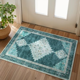 Beeiva Boho Entrance Rugs Indoor Non Slip, Vintage Medallion Washable Throw Rug 2x3 Ultra Thin, Distressed Carpet Low Plie for Entryway Bedroom Kitchen Bathroom (Teal,2'x3')