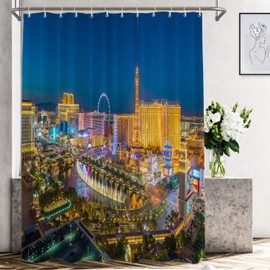 Shrahala Night USA Skyline Decorative Shower Curtain, Las Vegas Nevada Skyline Shower Curtain for Shower Stall Bathtubs Bathroom Decor Waterproof Funny Shower Curtain with Grommets 72x72 Inch