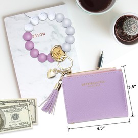 Keychain Bracelet Wristlet with Wallet Card Holder Pocket,Tassel Keychain Bangle Key Ring for Women (Purple)