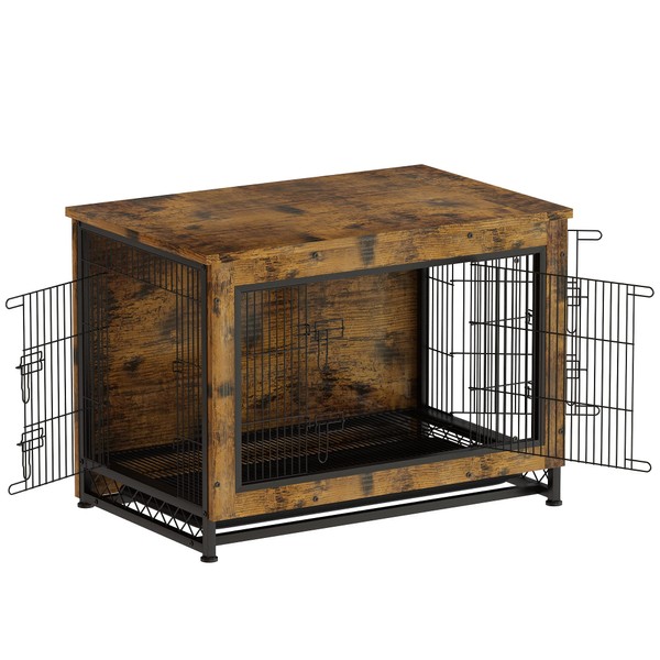 Lamerge Dog Crate Furniture, 3 Door Dog Kennel, Wooden Pet Furniture with Pull-Out Tray, Home and Indoor Side Table for Small to Large Dog, 38.6" L x 25.6" W x 26.8" H, Brown