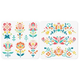 DOODLREAM 2Pcs Flower Polish Folk Art Stencils for Painting, 11.8"x11.8" Plastic Floral Stencil Drawing Templates,DIY Craft Paint Templates for Wall Home Decor Wood Burning Card Canvas Journal Paper