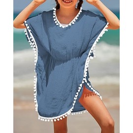 Eurivicy - Traje de baño de verano para niña con ribete de pompones, marino, 8-9 Años