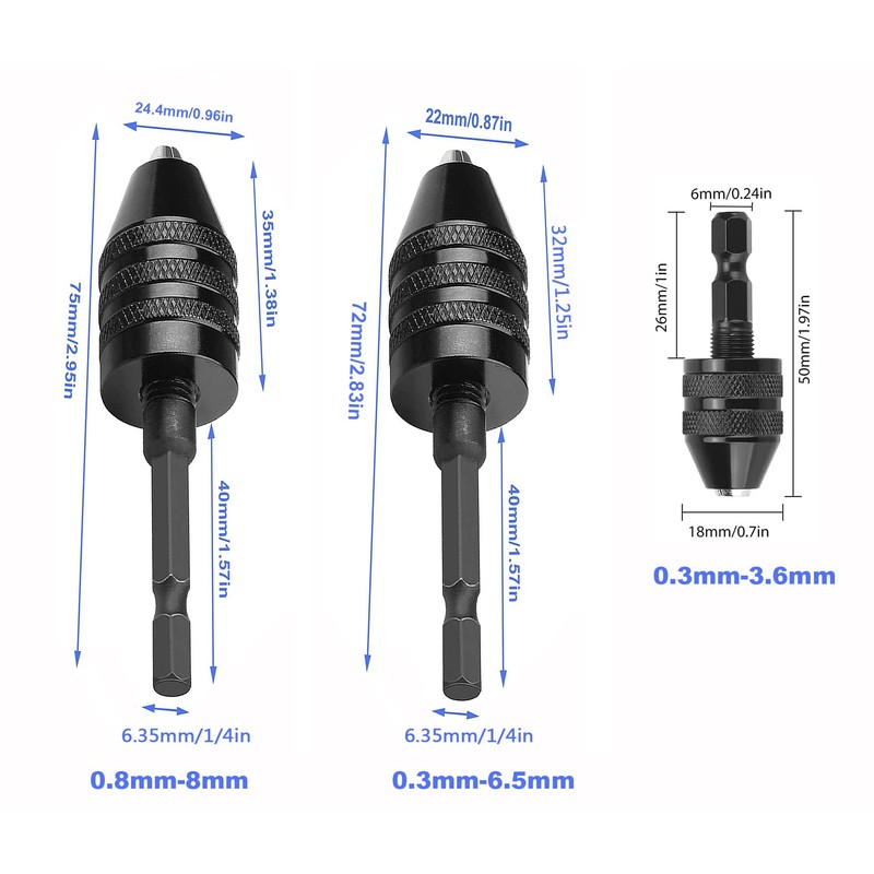 Chargenyang 3 Pcs Keyless Drill Chuck Bit 1/4 Inch Hex