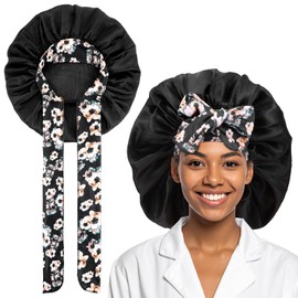 Nogeqi Silk Sleep Bonnets for Women with Tie Band, Satin Hair Bonnet for Sleeping, Breathable Curly Hair Cap for Sleep (Black)