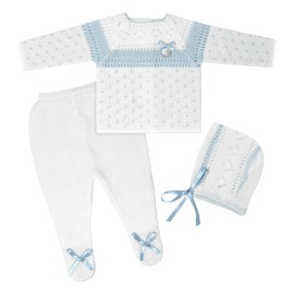 Escalett Layette Newborn Baby Knitted Clothes Set, Coming Home Infant Knit Outfit for Boys and Girls (7205, Wht/Bl, Newborn)