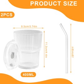 RISAKOGO Drinking Cup with Lid and Straw, Pack of 2 400 ml Cups with Lid and Straw, Airtight Waterproof Drinking Cup, Coffee Glasses, Smoothie Cup for Milk, Juice, Latte, Tea, Ice Cream