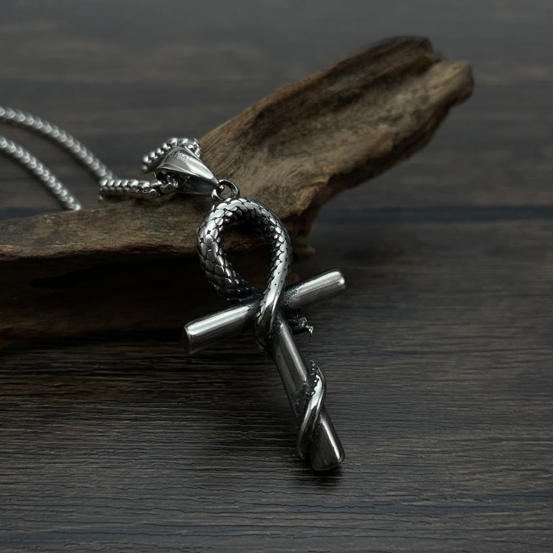 Rockyu Men's Stainless Steel Snake Motif Cross Necklace Silver Chain