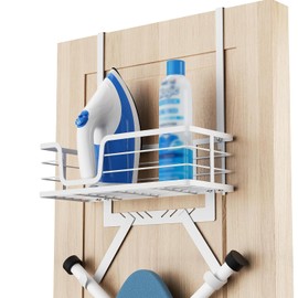 KES - HIR501B-WH - Soporte para tabla de planchar sobre la puerta, con estante de almacenamiento en forma de Y y T, se adapta a puertas d...