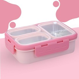 Attro Relish 3 Lunch Box Comes with 3 Detachable Inner Steel Compartments-Leakproof,BPA-Free Lunch Box for Fresh Meals On-The-Go Ideal for School, Office, and Travel- Pink 600ml