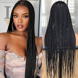 Annivia 36Inch Black Knotless Box Braided Wigs for Black Women Full Lace Box Braided Wigs Pre Plucked with Baby Hair Handmade Synthetic Triangle Part Cornrow Braided Lace Wigs