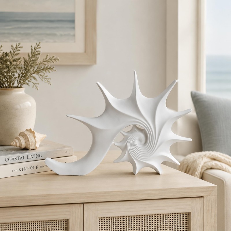 Coastal Nautical Beach Decor White Conch Resin Statue