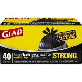 Glad Trash Bags, Large Quick-Tie Garbage Bags - Extra Strong 30 Gallon Black Trash Bag - 40 Count