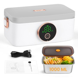 Cordless Electric Lunch Box, 1L Self heating lunch box Battery Powered with Automatic Heating, 16000mAH Rechargeable Battery Provid Rapid Heating, Designed for Car, Office, Travel, Picnic & outdoor