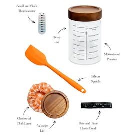 Sourdough starter jar –34 oz -Includes Sourdough Starter kit, Thermometer, Date Marker Feeding Band, Spatula, Sewn Cloth Cover, Wood Lid with Funny Phrases – Essential Sourdough Bread Baking Supplies"