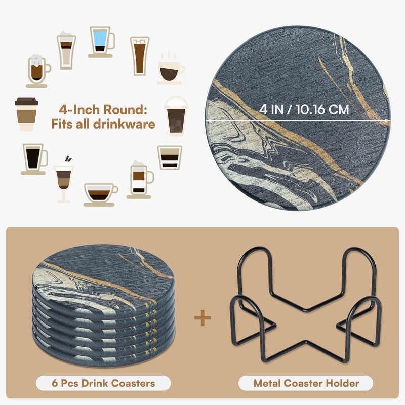 Absorbent Stone Coaster with Holder Set of 6 - Diatomite