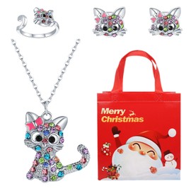 MOPQMKT Necklace Girls 5 Pieces Cute Cat Necklace for Girls Necklace Earring Ring Christmas Bag Pendant Necklace with Crystals Birthday Gift for Children Girls Gift for Christmas