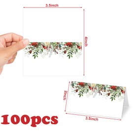 Whaline 100 Pcs Christmas Place Card 3.5 x 2 Inch Watercolor Berry Pinecone Poinsettia Blank Tented Card Seating Name Card for Xmas Winter Party Table Setting Supplies
