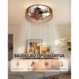 Yituplyee Flush Mount Ceiling Fans with Lights and Remote,Wood Caged Low Profile Fandelier,6 Wind Speeds Bladeless,20'' Farmhouse Ceiling Fans for Bedroom Kitchen