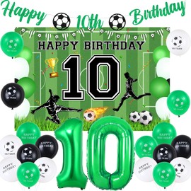 Sursurprise 10th Football Birthday Decorations Green and White for Boys, Soccer Happy 10th Birthday Banner Backdrop, Go Team Number 10 Foil Balloons, Football Fans Tenth Birthday Party Supplies Age 10