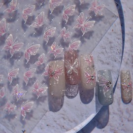 Butterfly Nail Stickers for Nail Art Sparkly Pink Butterfly Nail Art Stickers 5D Embossed Butterfly Nail Art Design Supplies Jelly Kawaii Shell Light Butterfly Stickers for Nails Manicure Decorations