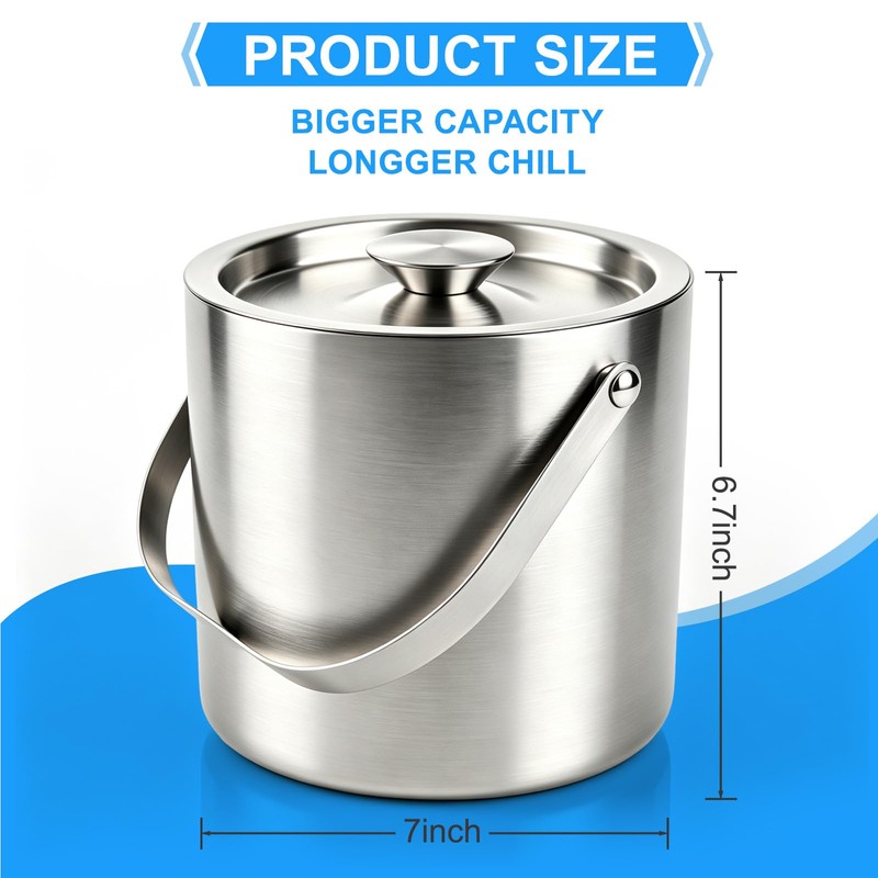Stainless Steel Ice Bucket,3L Insulated Ice Bucket With Lid &