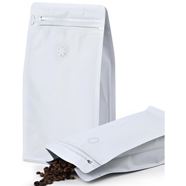 50 PCS Coffee Bags with Valve, (16 oz, 1 lb) Stand Up Pouches, Resealable Coffee Bean Bags, Vented Food Storage Bags Side Zipper(White)